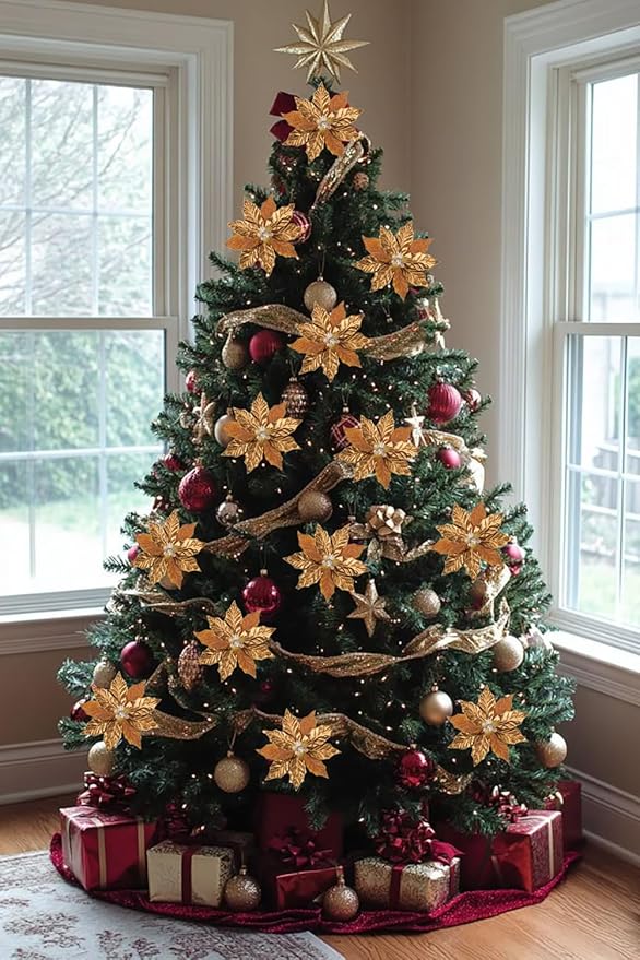 Hollyone 3PCS Poinsettia Christmas Flowers Artificial 11" Large Bronze Glitter Poinsettia Flowers Christmas Tree Ornaments Floral Picks for Tree Wreath Garland Vase Table Centerpiece Home Decor
