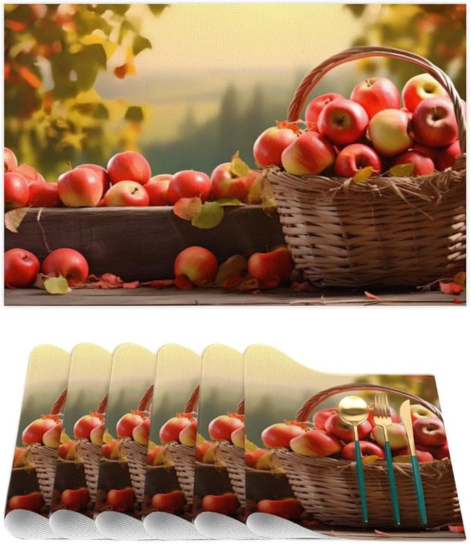Fall Fruit Apple Placemats Set of 4 PVC Vinyl Non Slip Table Mats Waterproof Heat Resistant Place Mats Washable Wipeable Dining Table Mat for Kitchen Party Farmhouse Indoor Outdoor Decorative