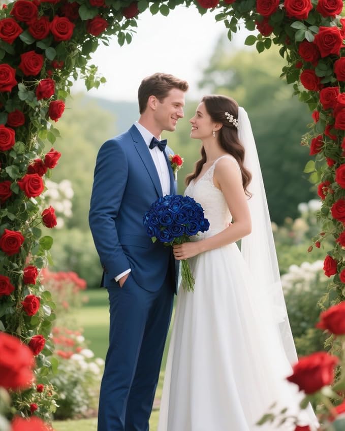 LFF Premium Artificial Royal Blue Roses - 50Pcs Realistic Velvet Faux Roses with Long Stems for Wedding Bouquets, Centerpieces, Proposals & Home Decor (Blue)