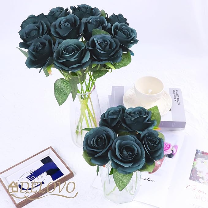52pcs Emerald Green Roses Artificial Flowers Fake Flowers Silk Roses with Stems for DIY Wedding Bouquets Bridal Shower Centerpieces Arrangements Party Decorations