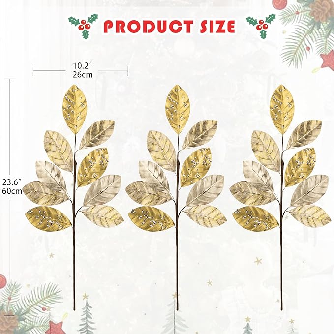 Hollyone 23.6” Christmas Tree Picks and Sprays 3Pcs Champagne Artificial Magnolia Stems Magnolia Leaves Branches Fake Gold Leaf Floral for Vase DIY Xmas Tree Garland Wreath Centerpieces Wedding Decor