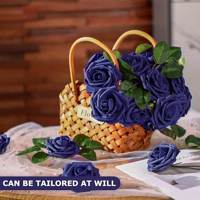100 Pieces Artificial Foam Rose Flowers Faux Bouquet with Leaves and Stems for DIY Wedding Bouquets Centerpieces Bridal Shower Party Valentine Home Decorations(Navy Blue)