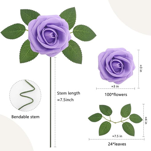 100PCS Artificial Flowers Purple Roses Real Looking Foam Fake Roses with Leaves and for DIY Wedding Bouquets Bridal Shower Centerpieces Party Decorations (Purple, 100)