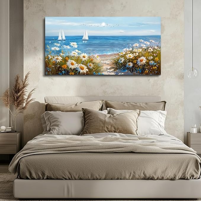 PHAOHUAXM Home Decor Printing Canvas Picture Blue Ocean Landscape Painting Wall Art For Living Room Farmhouse Dinin Mural White Flowers Bedroom Office Wall Decoration Artwork Easy To Hang 20x40 In
