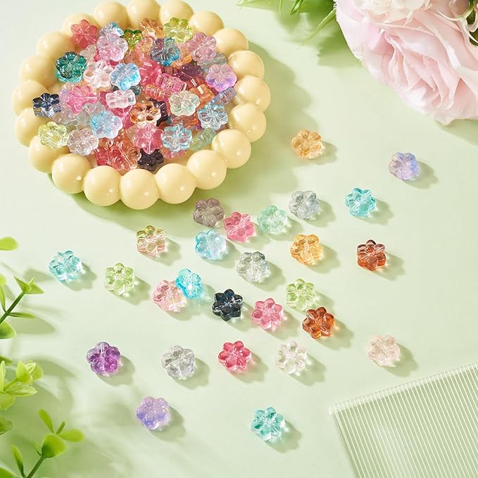 120Pcs Glass Flower Beads Colorful Cherry Blossom Crystal Beads Cute Floral Charm Bead Spring Plant Loose Spacer Bead for DIY Crafts Friendship Bracelet Earring Necklace Jewelry Making