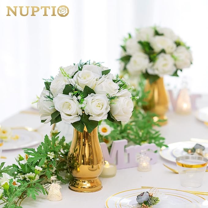 NUPTIO White Flower Centerpieces for Tables: 10 Pcs Artificial Flower Ball Arrangement for Wedding Party - 9.5 Inch Diameter Fake Floral Rose for Bridal Shower Decorations