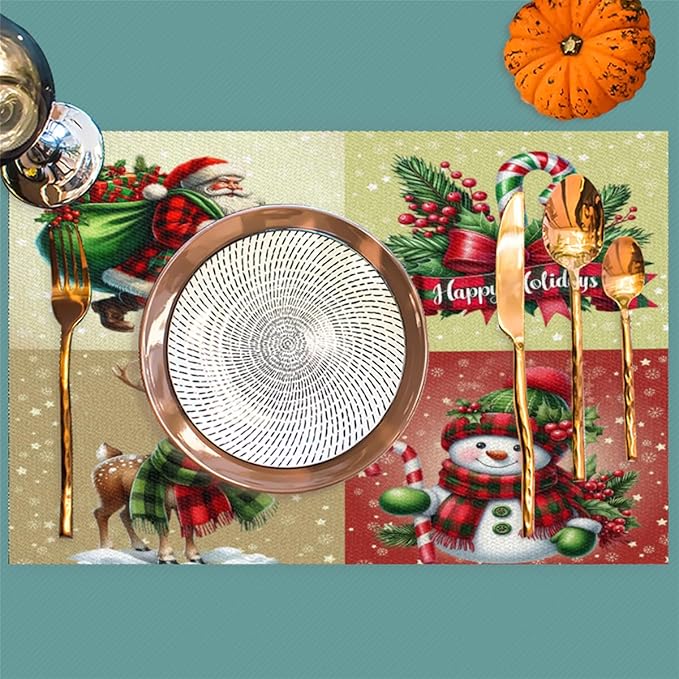 Christmas Waffle Santa Claus Cute Placemats Set of 4 PVC Vinyl Non Slip Table Mats Heat Resistant Place Mats Washable Wipeable Dining Table Mat for Kitchen Decor Party Indoor Outdoor Decorative Gift