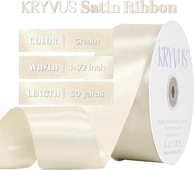 Cream Satin Ribbon, Double Faced 1-1/2 Inch X 50 Yards Cream Ribbon, Premium Satin Ribbon for Gift Wrapping, Crafts, Hair Bow Making, Sewing, Flower Bouquet, Wedding Party Decor