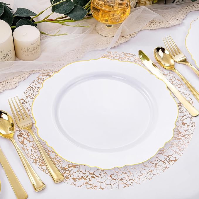 Hysenm 50 Pcs Disposable Champagne Placemats Set Metallic 13 Inch Round Table Doilies, Ultra-Thin Messy Lines Disposable Placement Mats for Home Decoration Dining Table Wedding Birthday Party