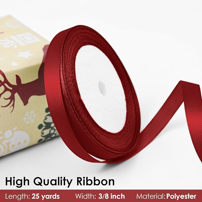 25 Yards 3/8 inch Satin Ribbon, Solid Color Fabric Ribbon Perfect for Gift Wrapping, Wedding, Handmade Bows, Floral Bouquets and Party Decoration(Wine red)