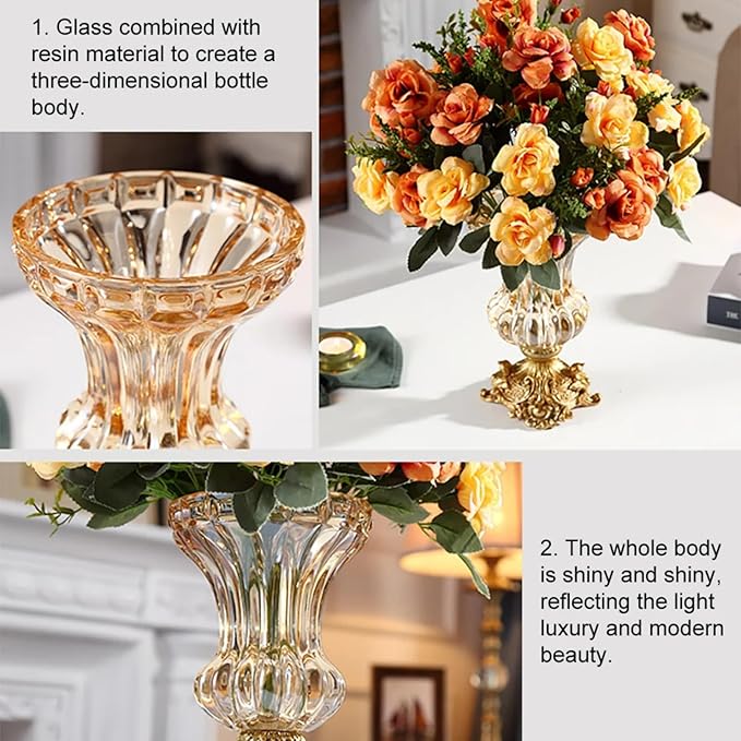Artificial Flowers in Vase Set – Retro European Style Golden Crystal Glass Vase with Orange Faux Flowers, Carved Decorative Centerpiece for Table, Entryway, or Living Room