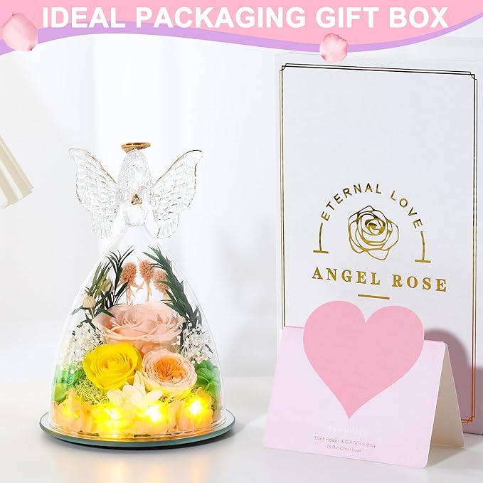 Christmas Rose Gifts for Women Preserved Real Flower in Glass Angel Figurines Roses for Delivery Prime Birthday Gifts for Mom Grandma Girlfriend Wife Her, Champagne Austin Roses