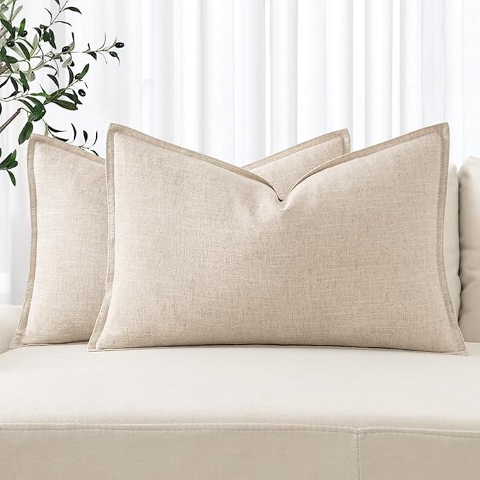 MIULEE Decorative Linen Lumbar Pillow Covers 12x24 Inch Natural Beige Boho FarmhouseNeutral Christmas Couch Throw Pillows for Bed Pack of 2 Accent Modern Pillowcase Sofa Livingroom Home Decor