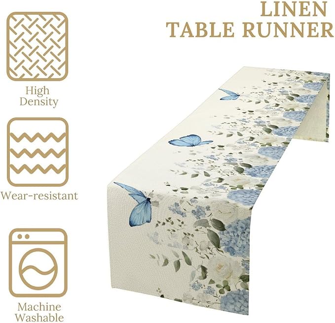 Floral Table Runner, Blue White Flower Butterfly Garden Spring Nature Decoration Table Runner for Kitchen Dining Home Party, 13x108 Inch
