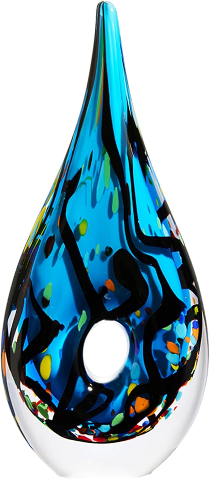 Luxury Lane Hand Blown Abstract Hollow Blue Tear Drop Sommerso Art Glass Sculpture for Home Decor 11.5 inch Tall Centerpiece Table Decoration