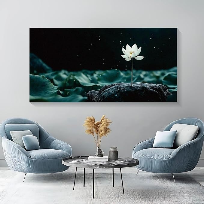 Iallbin Buddha Wall Art & Zen Wall Decor, White Lotus on Water Canvas Painting - for Yoga Meditation Room, Spa & Bathroom, Blue Art Deco Style, 48x24 Inches