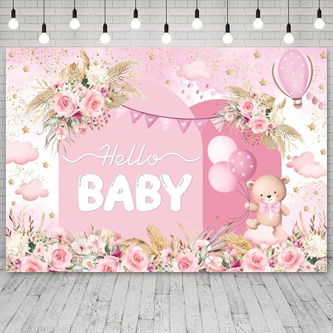 8x6ft Hello Baby Backdrop Pink Gold Boho Floral Bear Baby Shower Photography Background Balloon Stars Clouds Banner Decorations Welcome Newborn Celebration Party Portrait Photo Booth Prop