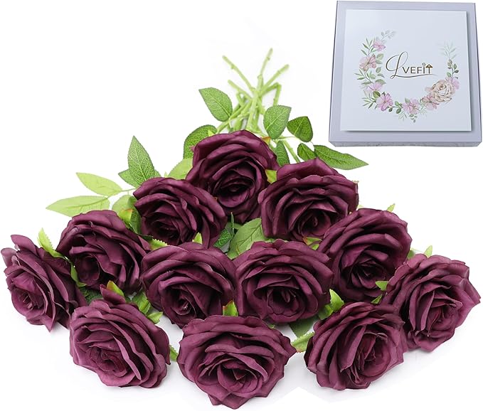 Artificial Rose Flower Plum Flowers Silk Flowers 12 pcs with Long Stem Silk Roses Bouquet for Wedding Bridal Shower Party Home Decoration