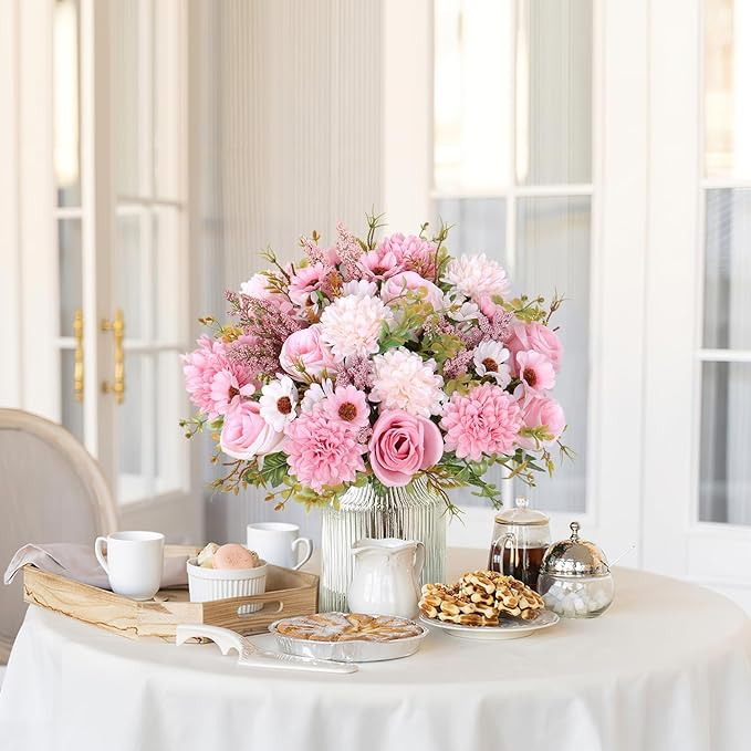 Dremisland Artificial Flowers Like Real Artificial Bouquet 2 Packs Silk Artificial Roses Bouquet with Daisy Chrysanthemum Pink Flowers for Centerpiece Table Wedding Party Home Decor