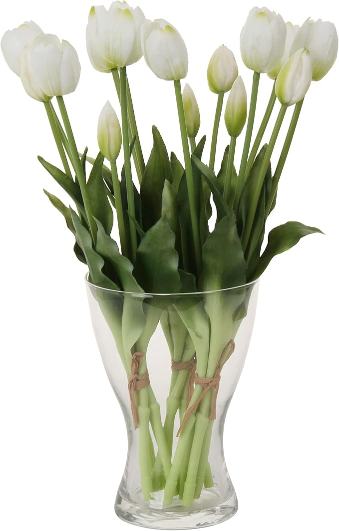 20pcs Artificial Tulip Flowers,16 Inch Real Touch Tulip Stems with Faux Leaves, Faux Tulips and Buds for Home Décor Centerpiece Ornament Wedding Bouquet,White