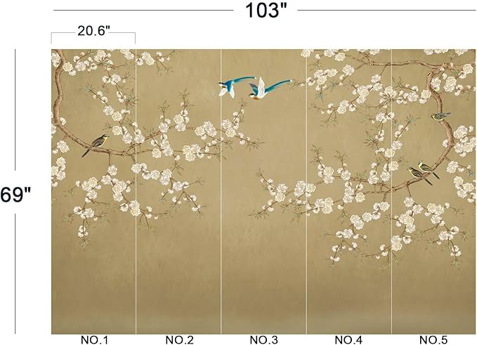 Plum Blossom Flower Bird Chinoiserie Wall Mural Wallpaper for Bedroom 103" x 69"