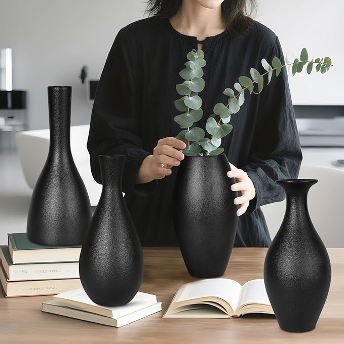 Black Ceramic Vases Set of 4, Handmade Classic Matte Vases for Home Decor,Rustic Bud Vases Decorations for Table,Shelf,Office,Housewarming, (Black)