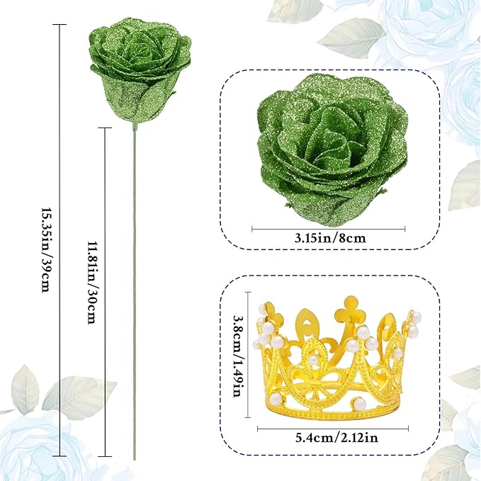 Waipfaru Glitter Roses Bouquet, DIY Green Fake Flowers Bouquet, Birthday Gifts for Women Mom, 36 Pcs Rose for Wife Girlfriend Valentines, Mothers Day, Graduation, St. Patrick's Day