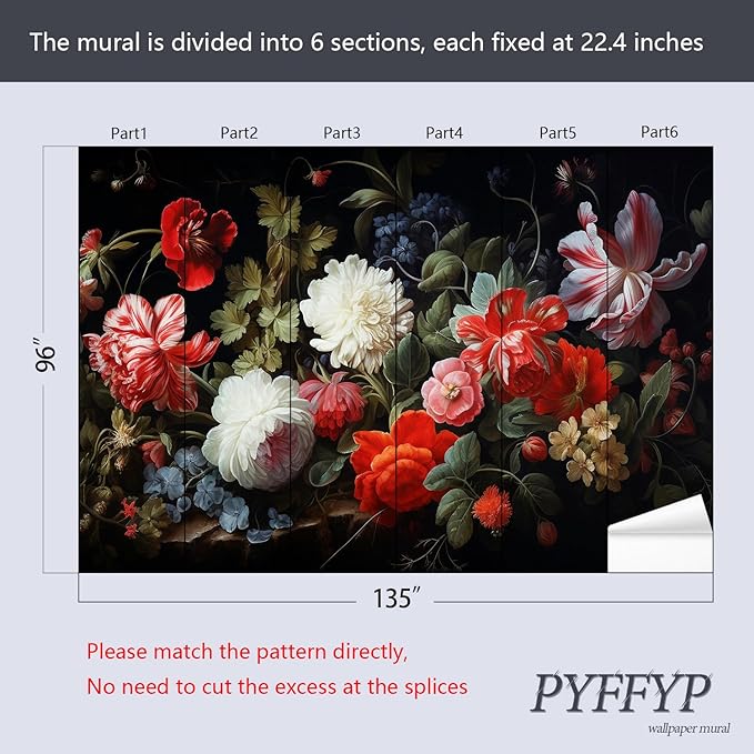 PYFFYP- Dark Floral Wallpaper Peony Wall murals for Bedroom(Not Peel and Stick)
