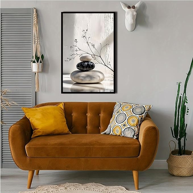 Gray and black stone pile and dried flowers poster canvas wall art in harmony Minimalist wall art for tranquil homes and mindful spaces 20x30in Metal blackFramed