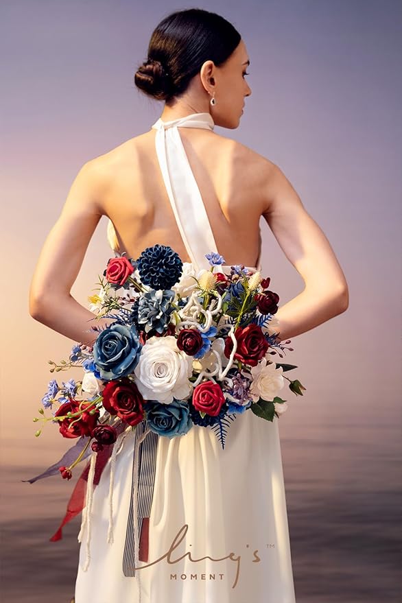 Ling's moment Navy Blue Red Bridal Bouquet for Bride, 13 Inch Wedding Bouquets for Bride, Wedding Artificial Flowers Bouquets