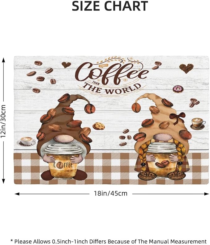 Coffee Gnomes Linen Placemats Set of 4 Brown Buffalo Plaid Placemat Indoor Outdoor Party Home Desktop Kitchen Dining Room Decoration 12x18 Inch