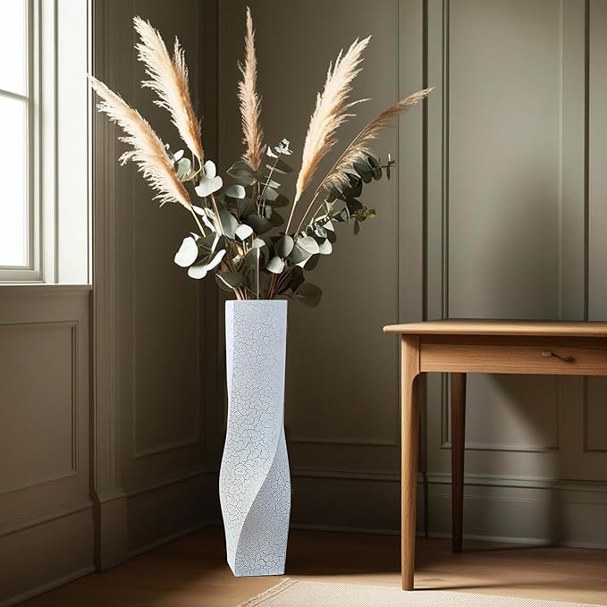 Tall Vases On Floor, 27.56" Twisted Geometric Flower Vase for Home, Living Room, Flower Centerpieces, Shelf, Table, Decor, White Crackle Vase