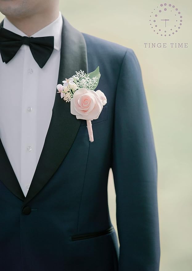 TINGE TIME Boutonniere for Men Wedding,Groom and Best Man Boutonniere for Wedding Ceremony Anniversary, Formal Dinner Party and Rustic Spring Wedding Marriage (10, Sakura Pink)