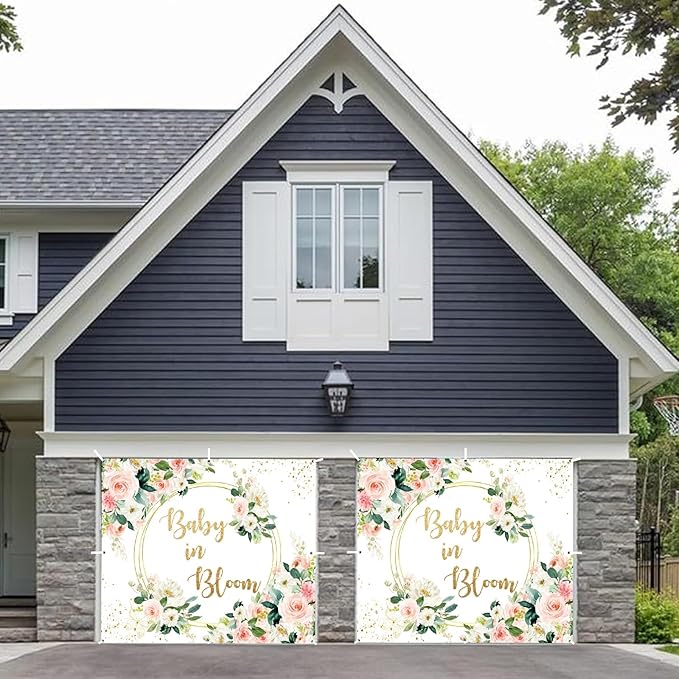 Baby in Bloom Baby Shower Garage Door Cover Banner Decorations Backdrop 7x8ft Pink Boho Floral Golden Loop Garage Door Backdrop Baby Shower Cake Table Outdoor Garage Door Banner Decorations