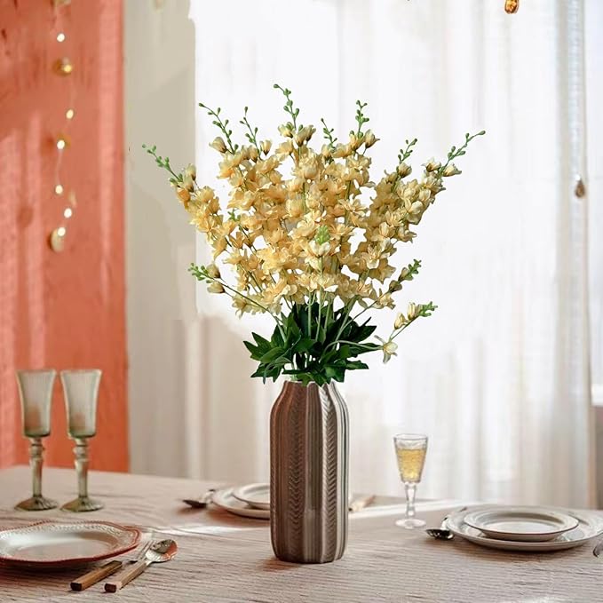 8 pcs Champagne Delphinium Artificial Flowers, 34.25''Artificial Snapdragon Flowers Tall Fake Flowers Silk Flowers Faux Delphinium Bulk for Tall Vase Home Wedding Garden Table Decor (Champagne)
