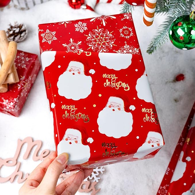MAYPLUSS Red Christmas Wrapping Paper Roll - 17IN X 33FT - Santa Gift Wrapping Paper Featuring Santa Claus Gold Merry Christmas Reversible Snowflake for Kids, Holiday, New Year