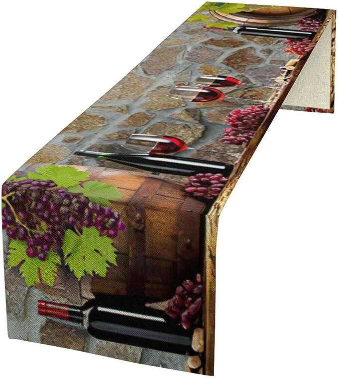 Red Wine Table Runner Wine Grape Alcohol Fruit Vintage Barrel Dinner Runner for Farmhouse Cabin Home Kitchen Dining Holiday Wedding Party Dining Decor 13x60in