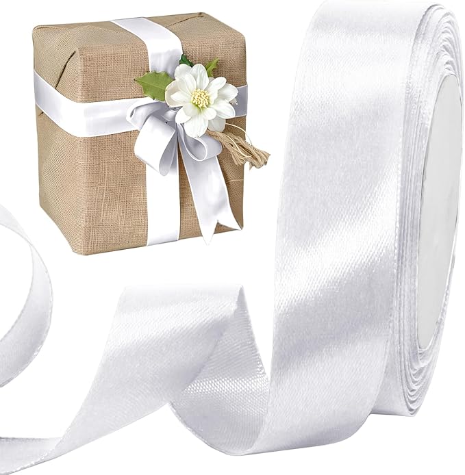Luomorgo 1 Inch White Satin Ribbon, 25 Yards Solid Color Ribbon, Fabric Ribbon for Gift Wrapping, Flower Bouquet, DIY Craft, Sewing, Wedding, Birthday Party Decorations