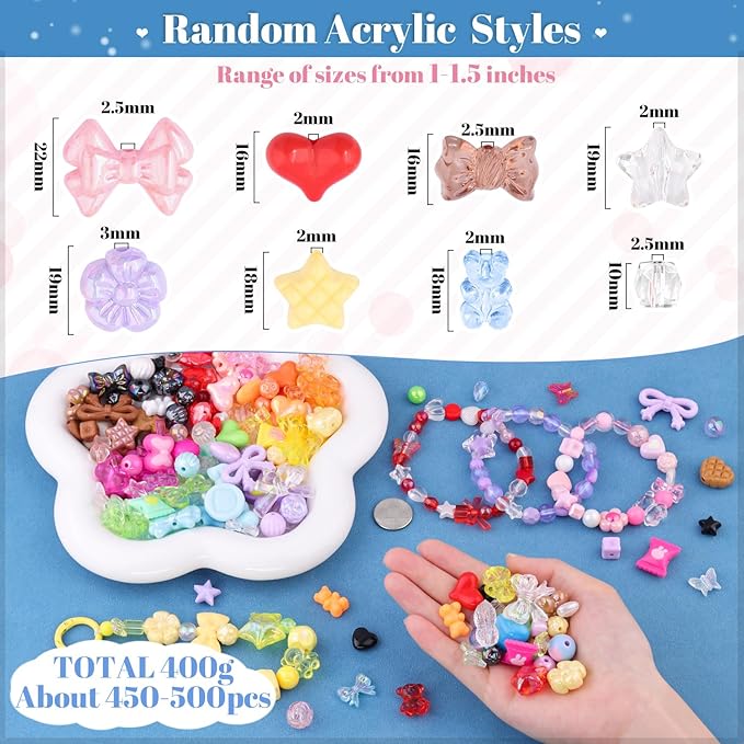Assorted 500PCS 10 Colors Mixed Acrylic Beads for Bracelet Making, Flower Bow GummyBear Bracelet Charms,Cute Beads for Jewelry Making DIY Necklace Keychain Phone Charm Christmas Gift
