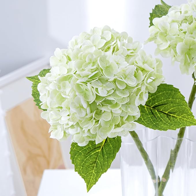 Waipfaru 21" Real Touch Green Hydrangea Artificial Flowers with Long Stem & Leaves, Full Latex Faux Hydrangea Flowers for Home Decor Party Floral Arrangements Wedding Bouquets Centerpieces, 5Pcs