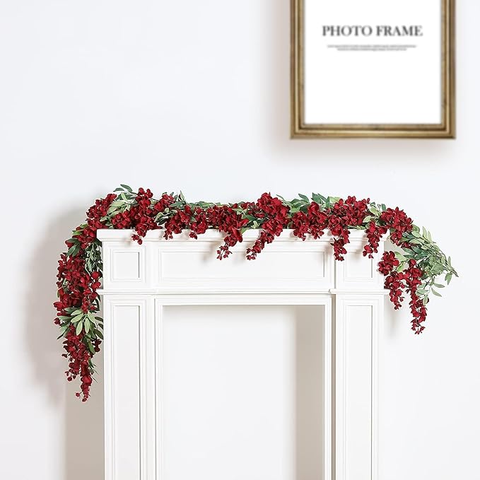 Duovlo 4Pcs 6.6Ft/Piece Imitation Silk Wisteria Garland Hanging Flower Vine for Home Outdoor Garden Ceremony Wedding Arch Floral Decor (Red)