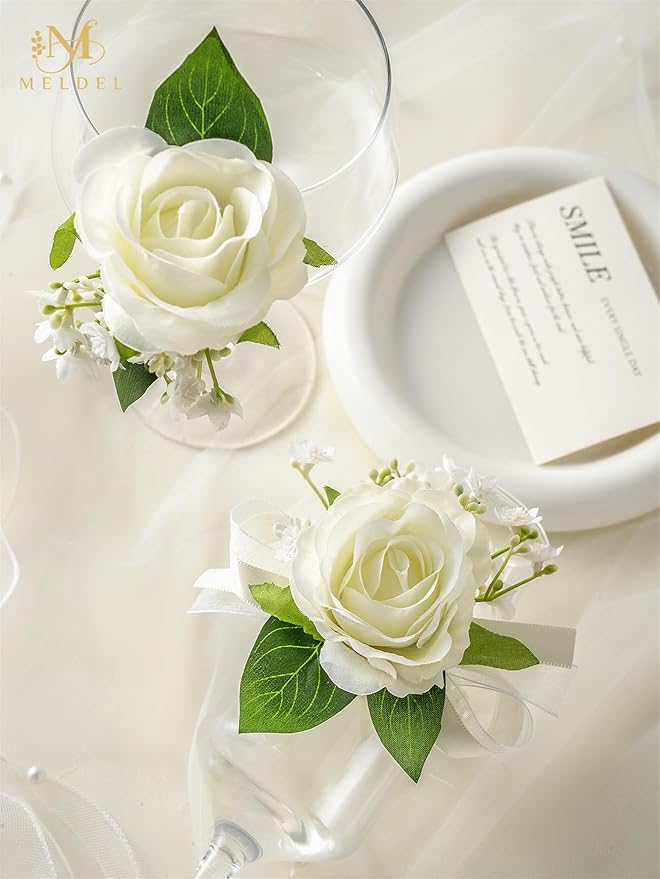 Meldel Wrist Corsage and Boutonniere Set(2pcs), Ivory White Artificial Silk Rose Pearls Bracelets Corsage for Bride, Groom Best Man Boutonniere Wedding Flower Accessories Prom Ceremony Party Decor