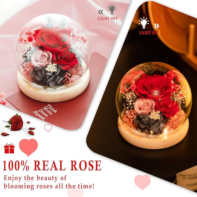 FIACO Preserved Rose Birthday Gift for Women Forever Fresh Flowers for Prime Delivery Gift for Mom Grandma Wife Valentines Mothers Day Christmas Anniversary Eternal Roses in Glass Dome