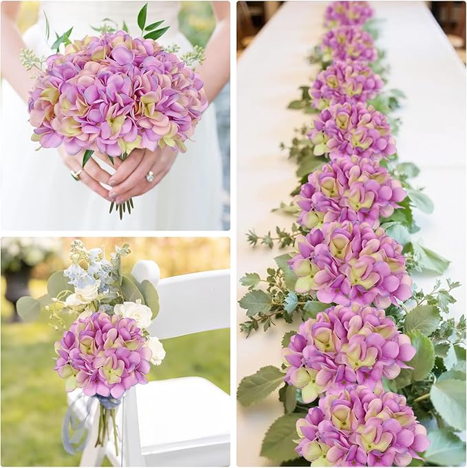 Hollyone 6 Pcs Purple Hydrangea Artificial Flowers Heads with Stems Silk Faux Hydrangea Purple Fake Flowers for Home Indoor Outdoor DIY Floral Wedding Flower Bouquets Kitchen Table Centerpiece Decor