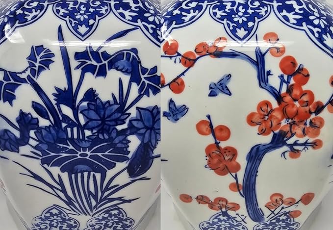 Festcool Blue and White Porcelain Ceramic Covered Floral Jar Vase, Food Container Storage Lotus Plum Blossoms,(J23), 12 inch