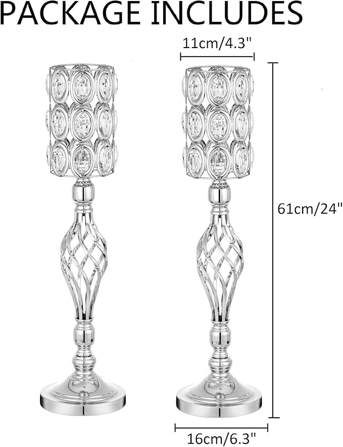 24in Metal Diamond Crystal Wedding Centerpiece Vases for Tables Set of 2, Silver Versatile Tall Flower Holders Centerpiece Flower Stands for Wedding Party Reception Home Décor