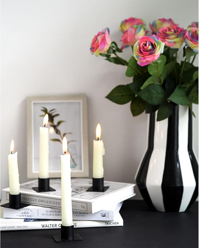 FiveSeasonStuff Rainbow Real Touch Silk Artificial Flowers ‘Petals Feel and Look Like Fresh Roses’ 9 Stems with Eucalyptus, Candle Holders and Jute Ribbon