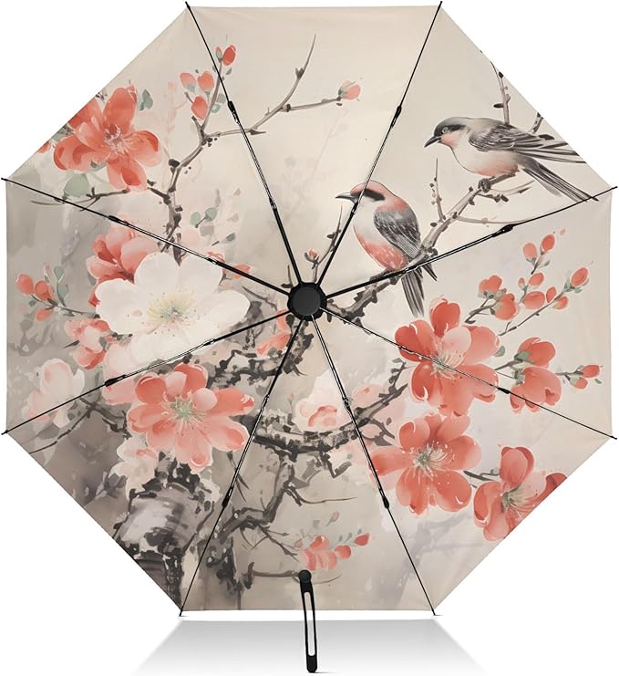 Automatic Folding Umbrella Windproof Strong, UV Protection Compact Floral Hydrangea Hummingbird Sun Rain Sun Rain Travel Umbrellas for Women Men