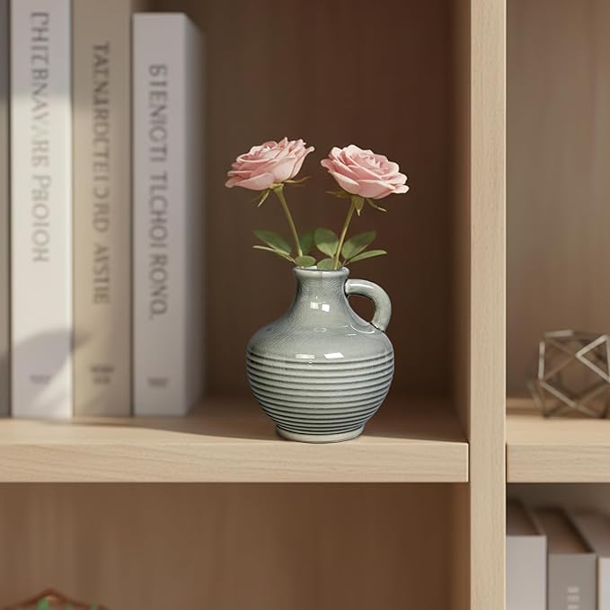 Sunddo Gray Ceramic Flower Vase， 6 Inch Small Modern Boho Vase for Home Decor, Decorative Vases with Handle, Neutral Accent for Minimalist, Table, Living Room, Bathroom, Shelf, Mantel Decor