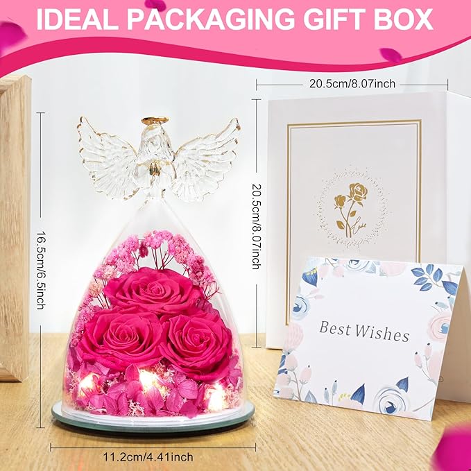 Preserved Flower Rose Gifts for Women, Forever Eternal Fresh Flowers in Glass Angel Figurines Flowers for Delivery Prime for Grandma Mom from Daughter Sister Her Wife on Mothers Day Birthday Christmas